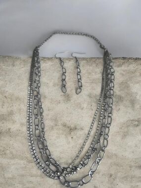 Layered Silver Chain Necklace and Earrings Set